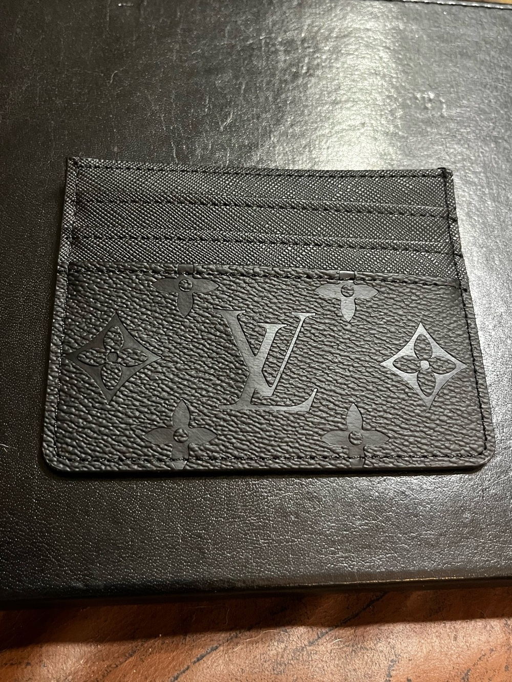 Louis. Vuitton. Black Embossed Monogram Credit Card Wallet